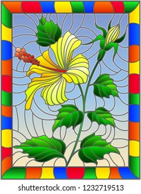 Illustration in stained glass style with flower, buds and leaves of yellow hibiscus on sky background in bright frame 