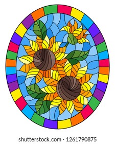 Illustration in stained glass style flower of sunflowers on a blue background in a bright frame,oval  image