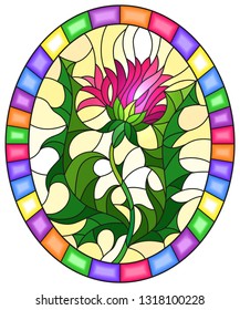 Illustration in stained glass style flower of a pink flower on a yellow background, oval image in bright frame