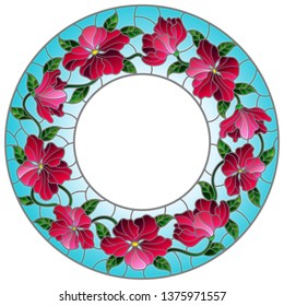 Illustration in stained glass style flower frame, pink flowers and  leaves in blue frame on a white background