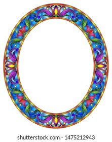 Illustration in stained glass style flower frame, bright flowers and  leaves in blue frame on a white background, oval image