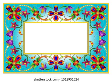 Illustration in stained glass style flower frame, bright flowers and  leaves in blue frame on a white background