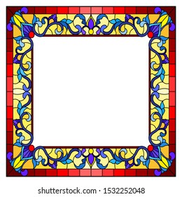 Illustration in stained glass style flower frame, bright flowers and  leaves in red  frame on a white background