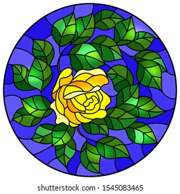 Illustration in stained glass style flower of yellow rose on a blue background, round image 