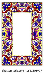 Illustration in stained glass style with a flower frame, bright flowers and  leaves in a yellow frame on a white background
