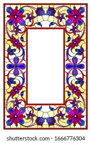 Illustration in stained glass style flower frame, bright flowers and  leaves in yellow frame on a white background