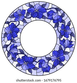 Illustration in stained glass style flower frame,blue flowers and leaves on a white background