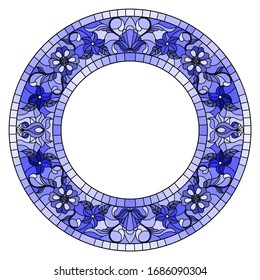 Illustration in stained glass style flower frame,blue flowers and leaves on a white background