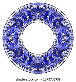 Illustration in stained glass style flower frame,blue flowers and leaves on a white background