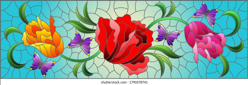 Illustration in a stained glass style with a flower arrangement of tulips and butterflies on a blue background, horizontal orientation