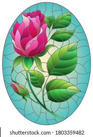 Illustration in stained glass style flower of pink rose on a purple background, oval image