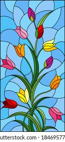 Illustration in stained glass style with a flower arrangement of tulips on a blue background, rectangular image, vertical orientation