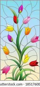 Illustration in stained glass style with a flower arrangement of tulips on a blue background, rectangular image, vertical orientation