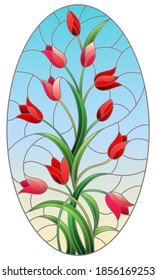 Illustration in stained glass style with a flower arrangement of red tulips on a blue background, oval image, vertical orientation