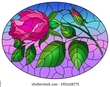 Illustration in stained glass style flower of pink rose on a sky background, oval image