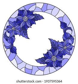 Illustration in stained glass style flower frame, flowers and leaves on a white background, monochrome,tone blue