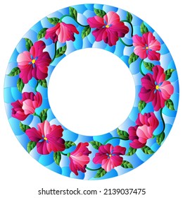 Illustration in stained glass style flower frame, pink flowers and  leaves in blue frame on a white background