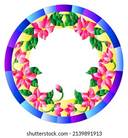 Illustration in stained glass style flower frame, pink flowers and  leaves in blue frame on a white background