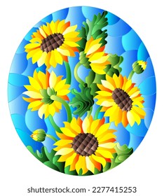 Illustration in stained glass style flower of sunflowers on a blue background,oval  image