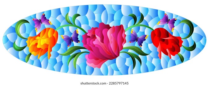 Illustration in a stained glass style with a flower arrangement of tulips and butterflies on a blue background, horizontal orientation, oval image