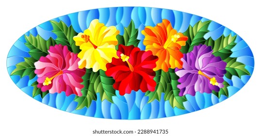 Illustration in a stained glass style with a flower arrangement, hibiscus flowers and leaves on a blue background, oval image