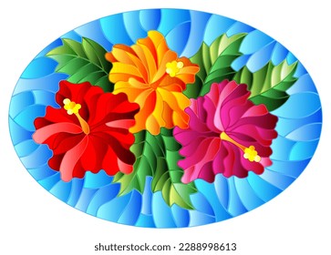 Illustration in a stained glass style with a flower arrangement, hibiscus flowers and leaves on a blue background, oval image