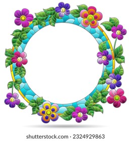 Illustration in stained glass style with flower wreath, flower frame isolated on a white background