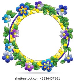 Illustration in stained glass style with flower wreath, flower frame isolated on a white background
