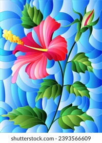 Illustration in stained glass style with flower, buds and leaves of pink hibiscus on blue background