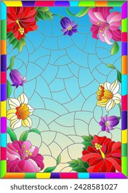 Illustration in stained glass style with a flower arrangement of Bluebell, daffodil, hibiscus and Lily on a blue background in a frame