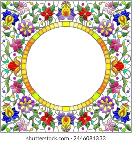 Illustration in stained glass style flower frame, bright flowers and  leaves in blue frame on a white background