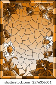 Illustration in stained glass style with a flower arrangement of Bluebell, daffodil, hibiscus and Lily , tone brown