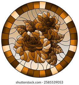 Illustration in stained glass style flower of pink rose on a blue sky background in a bright frame,round image, tone brown