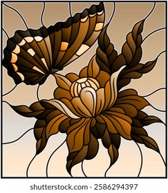 Illustration in stained glass style with a flower and butterfly on a sky background, tone brown