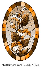 Illustration in stained glass style flower of callas lilys on a sky background in frame,oval  image, tone brown