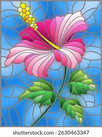 Illustration in stained glass style with flower, buds and leaves of pink hibiscus on sky background