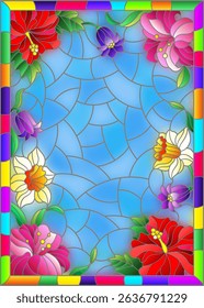 Illustration in stained glass style with a flower arrangement of Bluebell, daffodil, hibiscus and Lily on a blue background in a frame