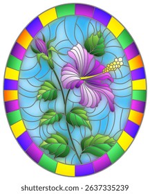 Illustration in stained glass style flower of purple hibiscus on a blue background in a bright frame,oval  image