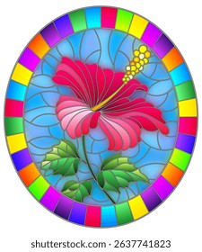 Illustration in stained glass style with flower, buds and leaves of pink hibiscus on sky background, oval image in bright frame