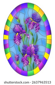 Illustration in stained glass style flower of purple irises on a blue background in a bright frame,oval  image