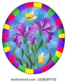Illustration in stained glass style flower of purple irises and butterflies on a blue background in a bright frame,oval  image