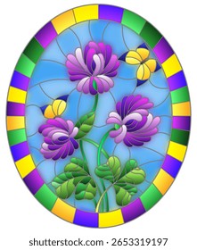 Ilustração em flor estilo vitral de trevo roxo e borboletas em um fundo azul em um quadro brilhante, imagem oval