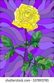 Illustration in stained glass style flower of yellow rose on a purple  background