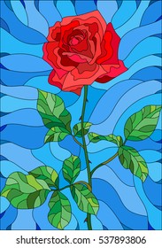 Illustration in stained glass style flower of red rose on a blue background
