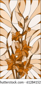 Illustration in stained glass style flower of yellow gladiolus,tone brown