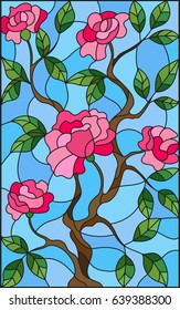 Illustration in stained glass style flower of pink rose on a blue background