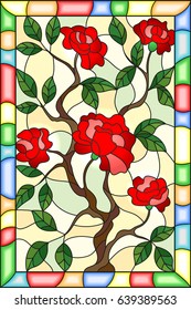 Illustration in stained glass style flower of red rose on a light background in a bright ,
