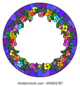 Illustration in stained glass style flower frame, bright flowers and  leaves in blue frame on a white background