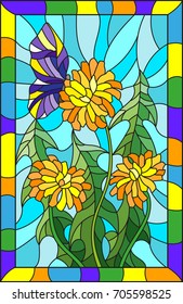 Illustration in stained glass style flower of Taraxacum and butterfly on a blue background in a bright frame