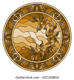 Illustration in stained glass style flowers  in a  floral frame , round picture,monochrome,tone, brown